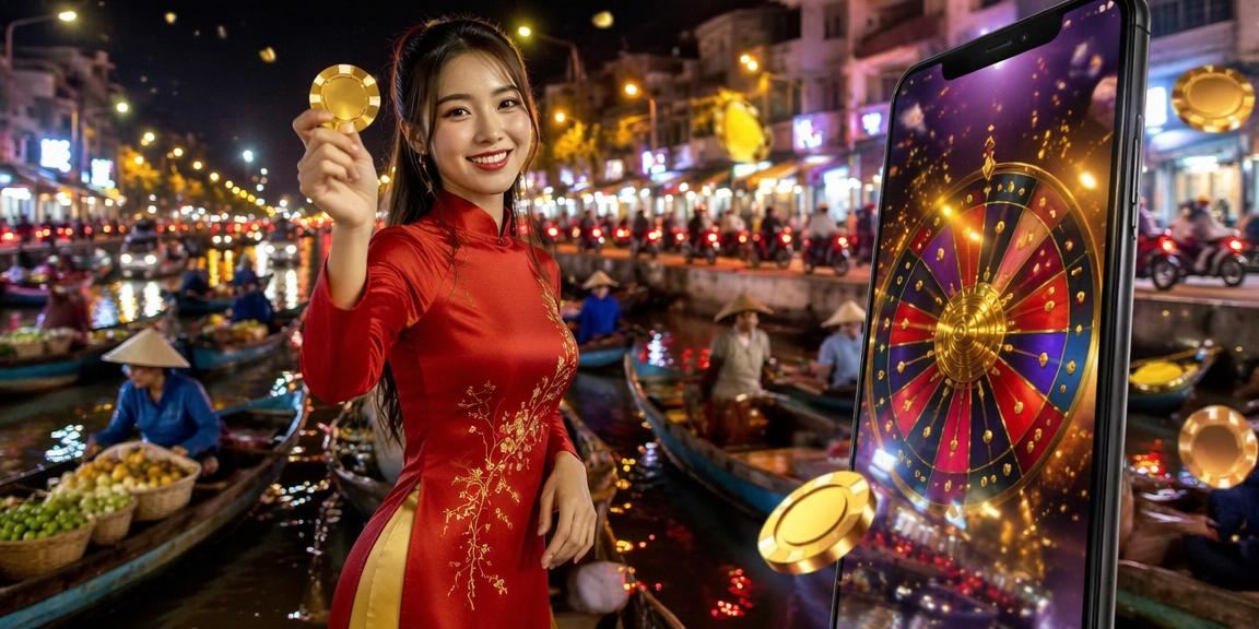 Người phụ nữ mặc áo dài tại Cần Thơ dùng điện thoại kiểm tra kết quả xổ số