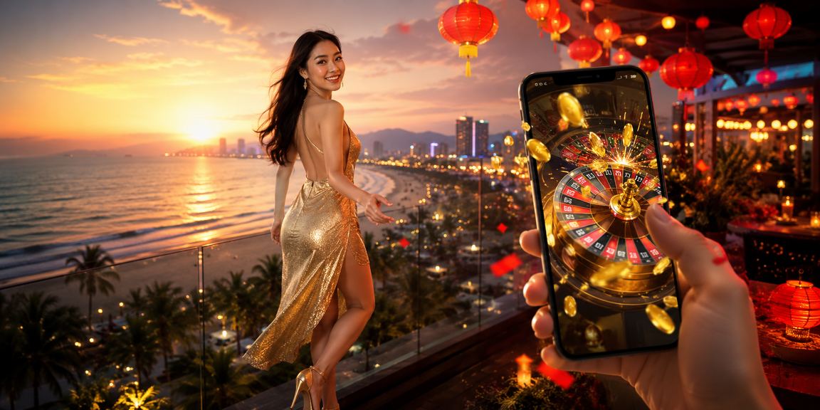 Người dùng tại bãi biển Đà Nẵng kiểm tra số dư và đặt cược trực tuyến trên điện thoại